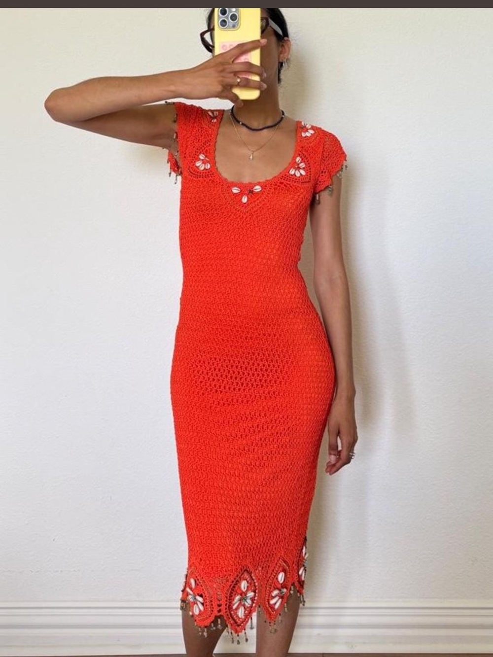 Nicole Miller Orange Crochet Midi Dress with Floral Accents